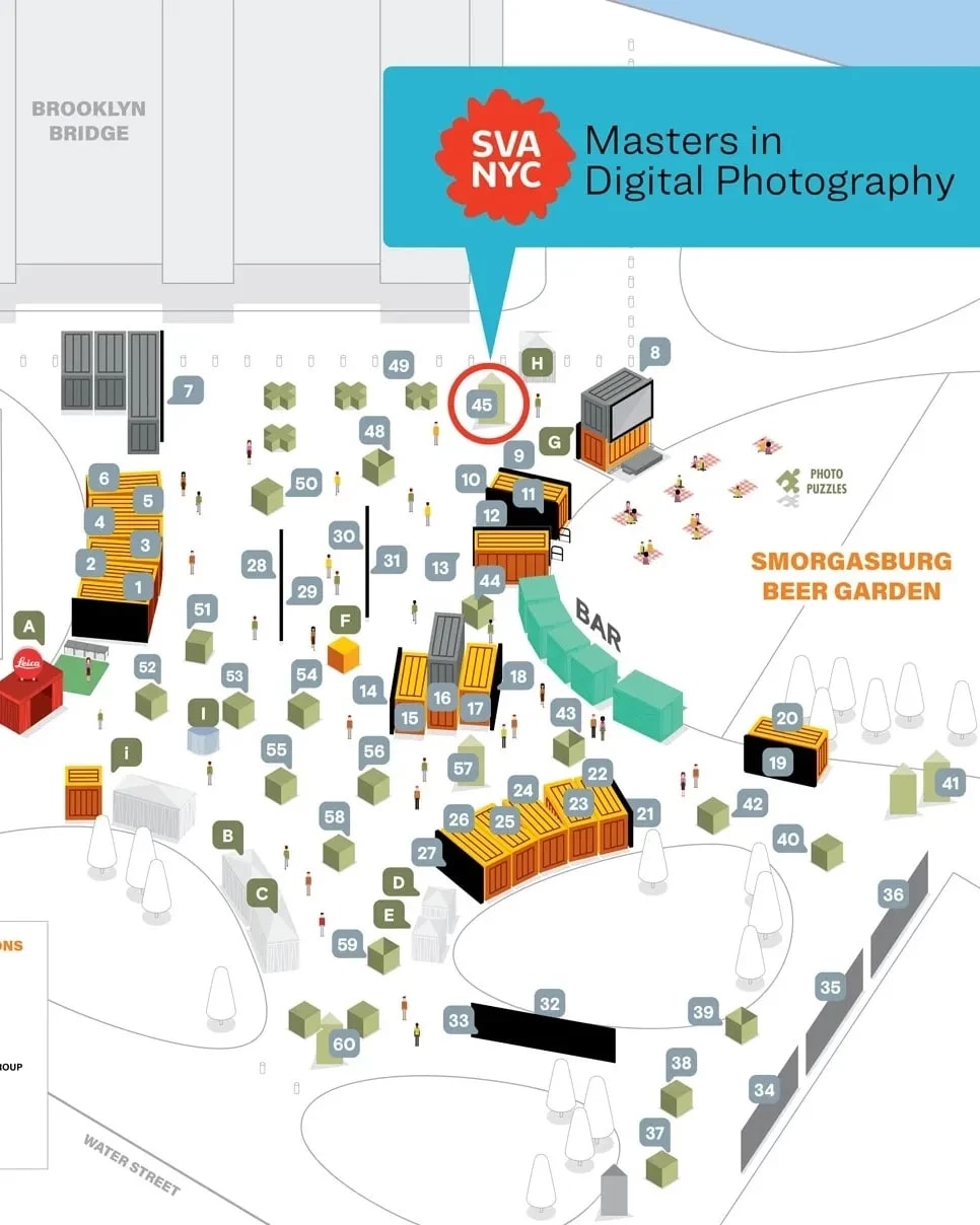 A map of the Photoville campus at the Brooklyn Bridge Park. SVA Masters in Digital Photography is located at No. 45, toward the northeast end of the campus, at the foot of the Brooklyn Bridge.