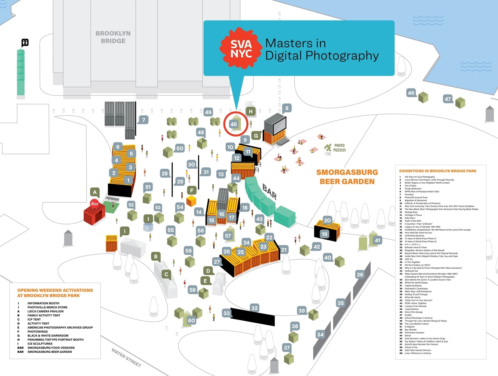 A map of the Photoville campus at the Brooklyn Bridge Park. SVA Masters in Digital Photography is located at No. 45, toward the northeast end of the campus, at the foot of the Brooklyn Bridge.