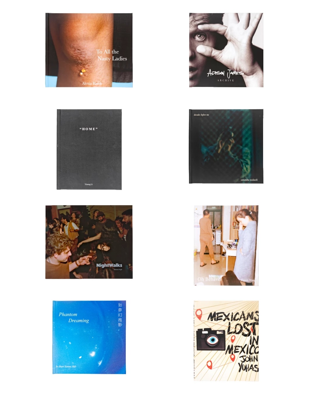 Eight student monograph covers sit in a grid.