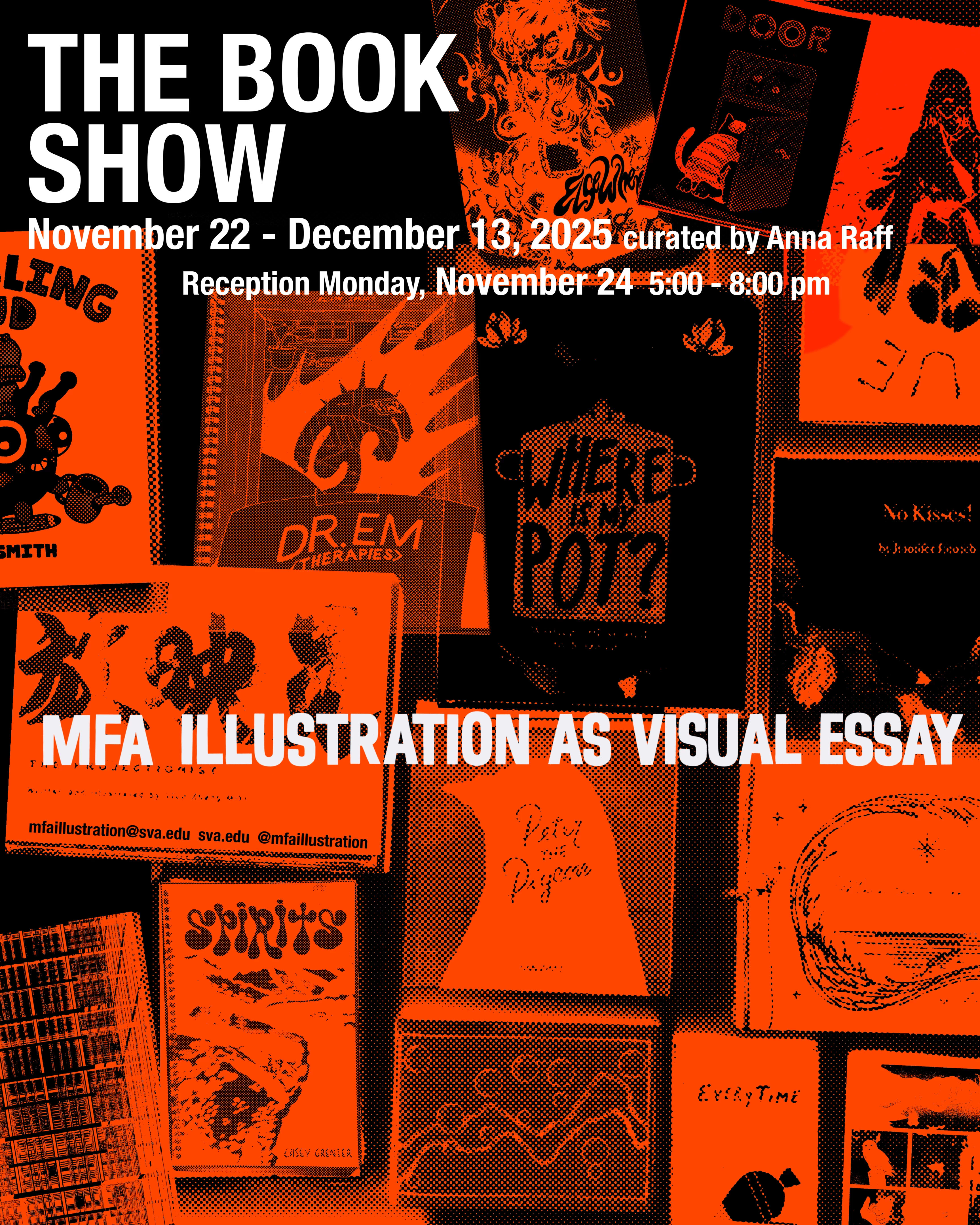 photograph of 19 book covers with a wash of red over entire image, along with text annnouncing the event