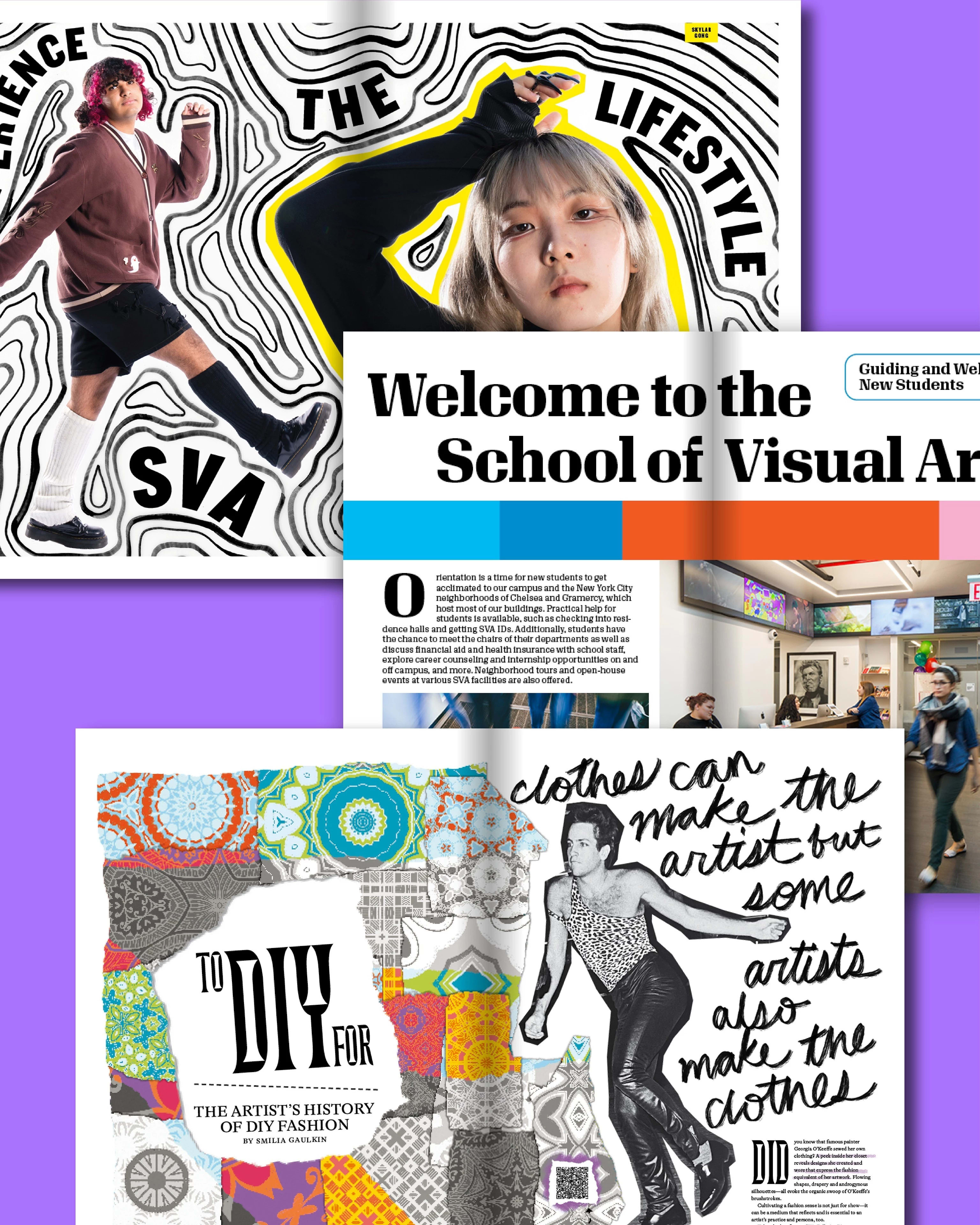 Three printed layout designs: top spreads feature students labeled “experience SVA” and “the lifestyle”; middle spread titled “Welcome to the School of Visual Arts” shows the entryway, welcome center, staff, and visitors; bottom spread has colorful geometric prints on the left and a black-and-white photo of a dancer with handwritten-style text on the right.