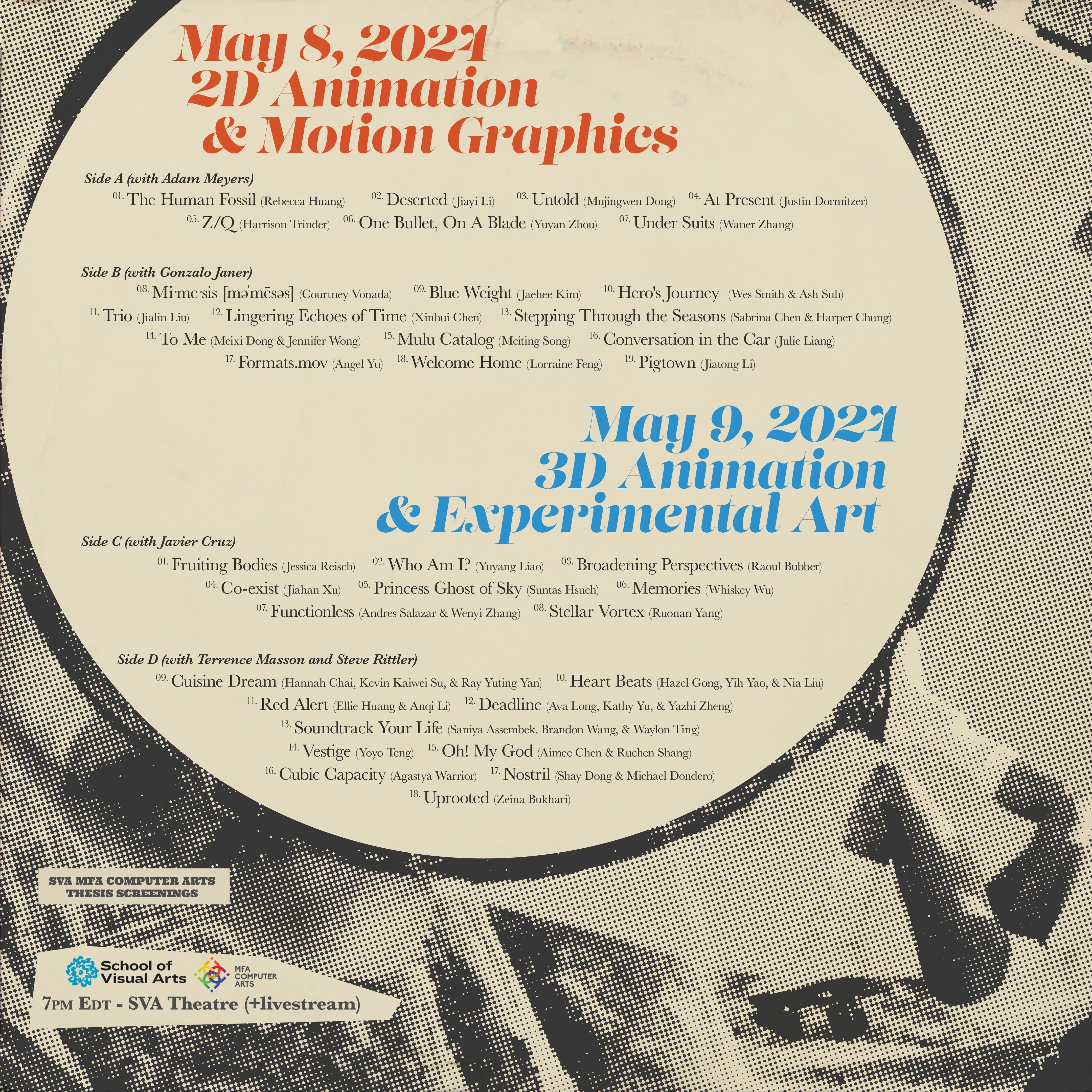 Screening program with a posterized effect of a woman kicking a circle with the program information inside