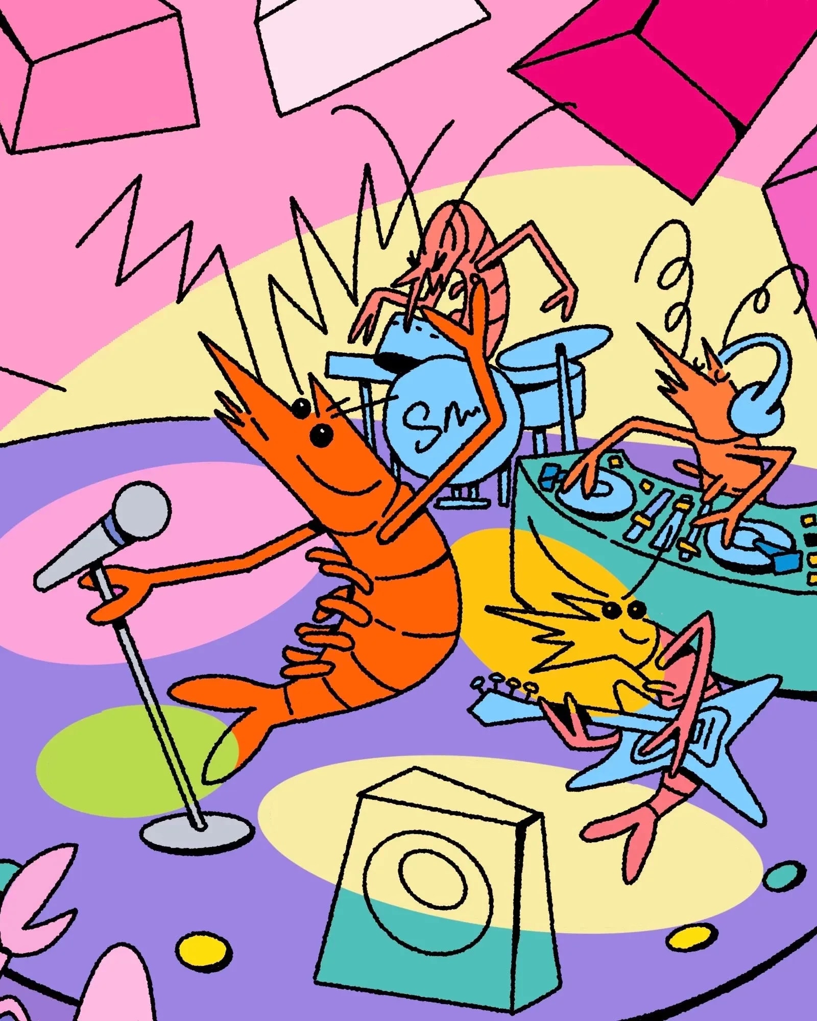 A brightly colored illustration of a band of shrimps performing at a club filled with other creatures and animals.