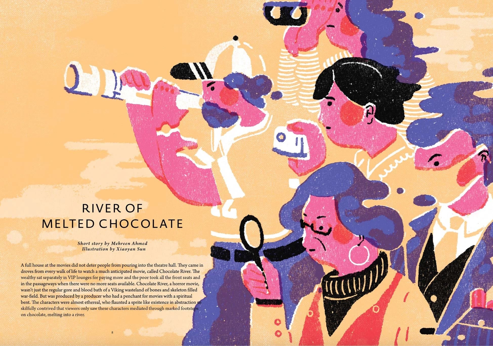 Five women with pink skin and blue hair look to the left with binoculars, a camera, a telescope and more on an orange background that reads, "Rivers Of Melted Chocolate."
