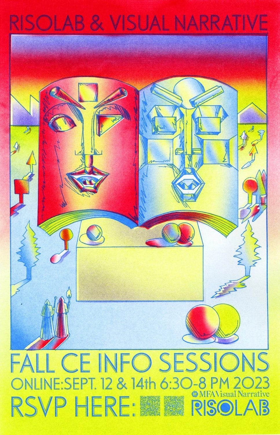 A Riso print of an open book with geometric faces on each page. The colors are bright red, yellow, and a soft blue. Below the image is information on the "Fall CE Info Session" including a QR code for registration.