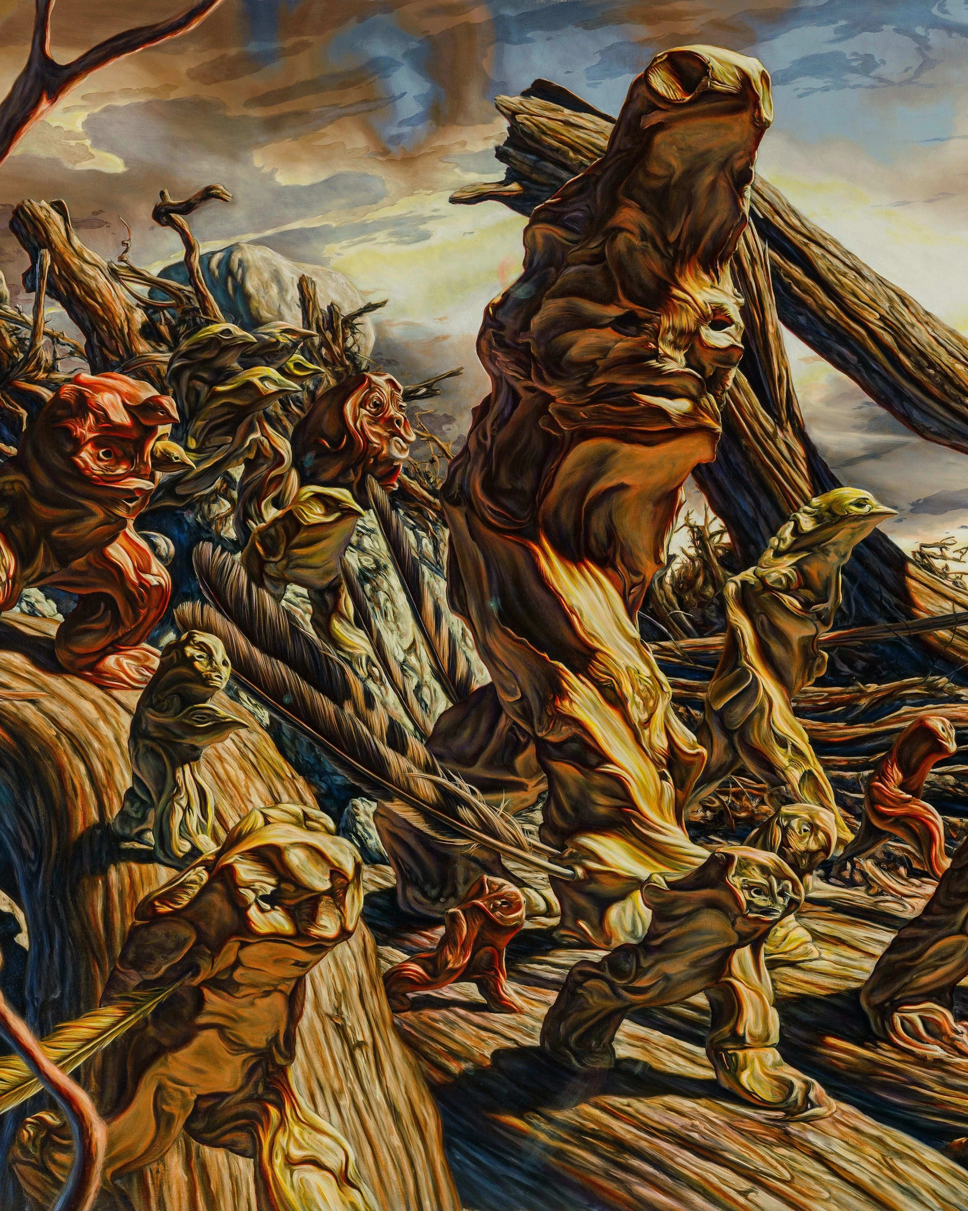 Intricately complex oil paiting of a variety of amorphous creatures all walking towards the same direction. 