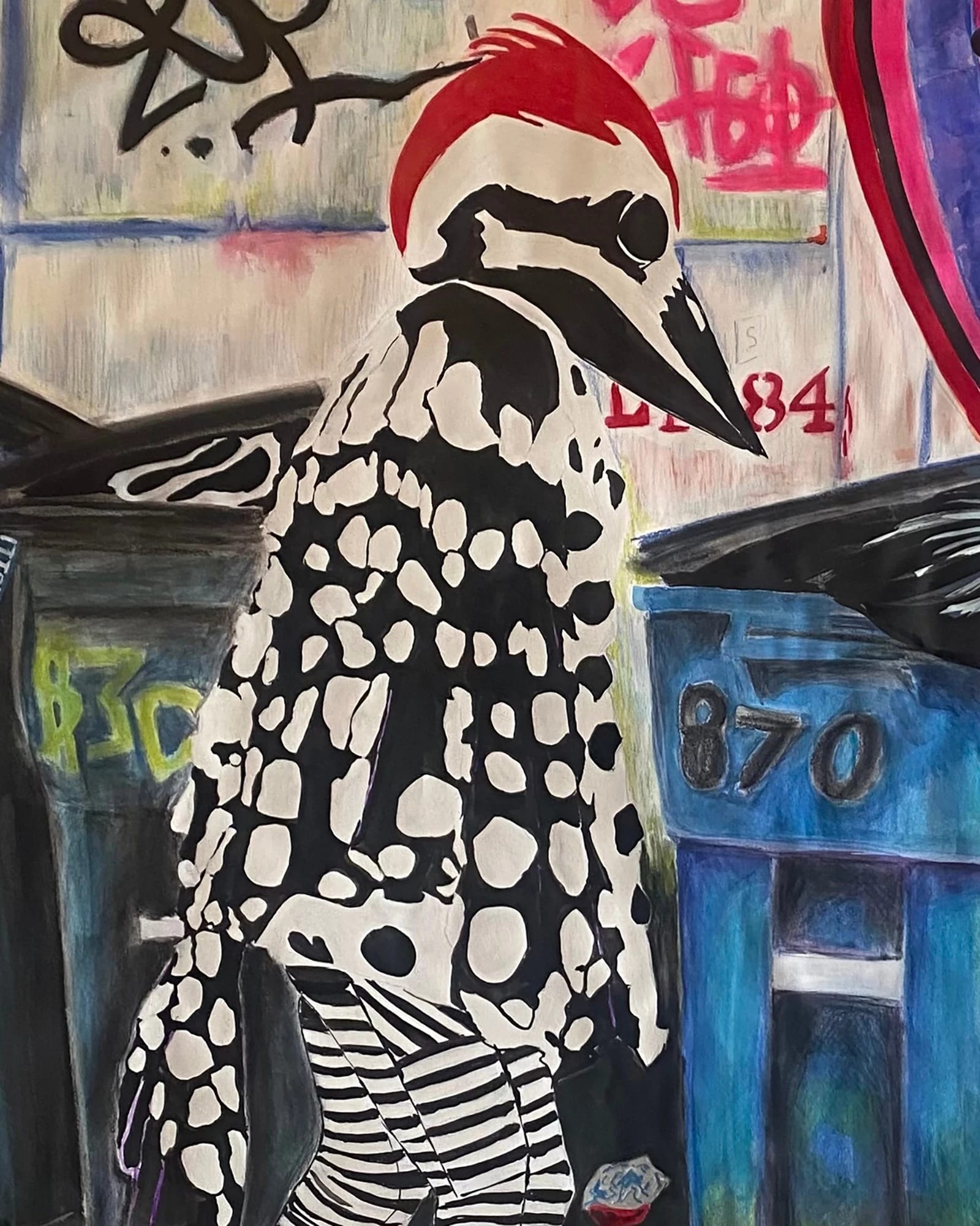 A painted street scene of a bird-headed figure in graphic polka-dot and striped clothing, rummaging through urban trash bins adorned with graffiti.