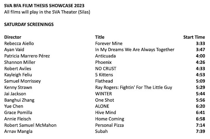 Saturday Screening Schedule