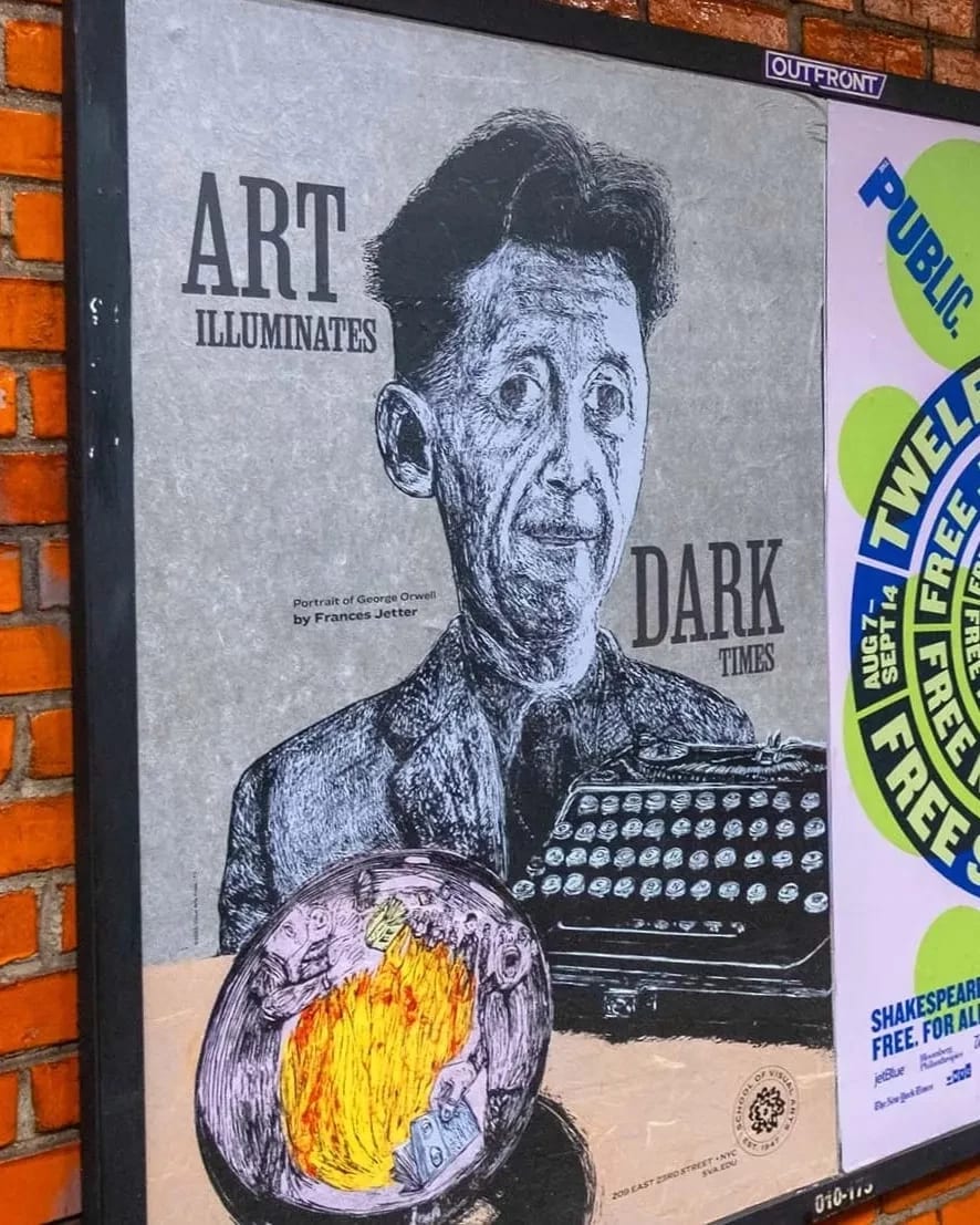 A man strolls past a brick wall adorned with vibrant posters.