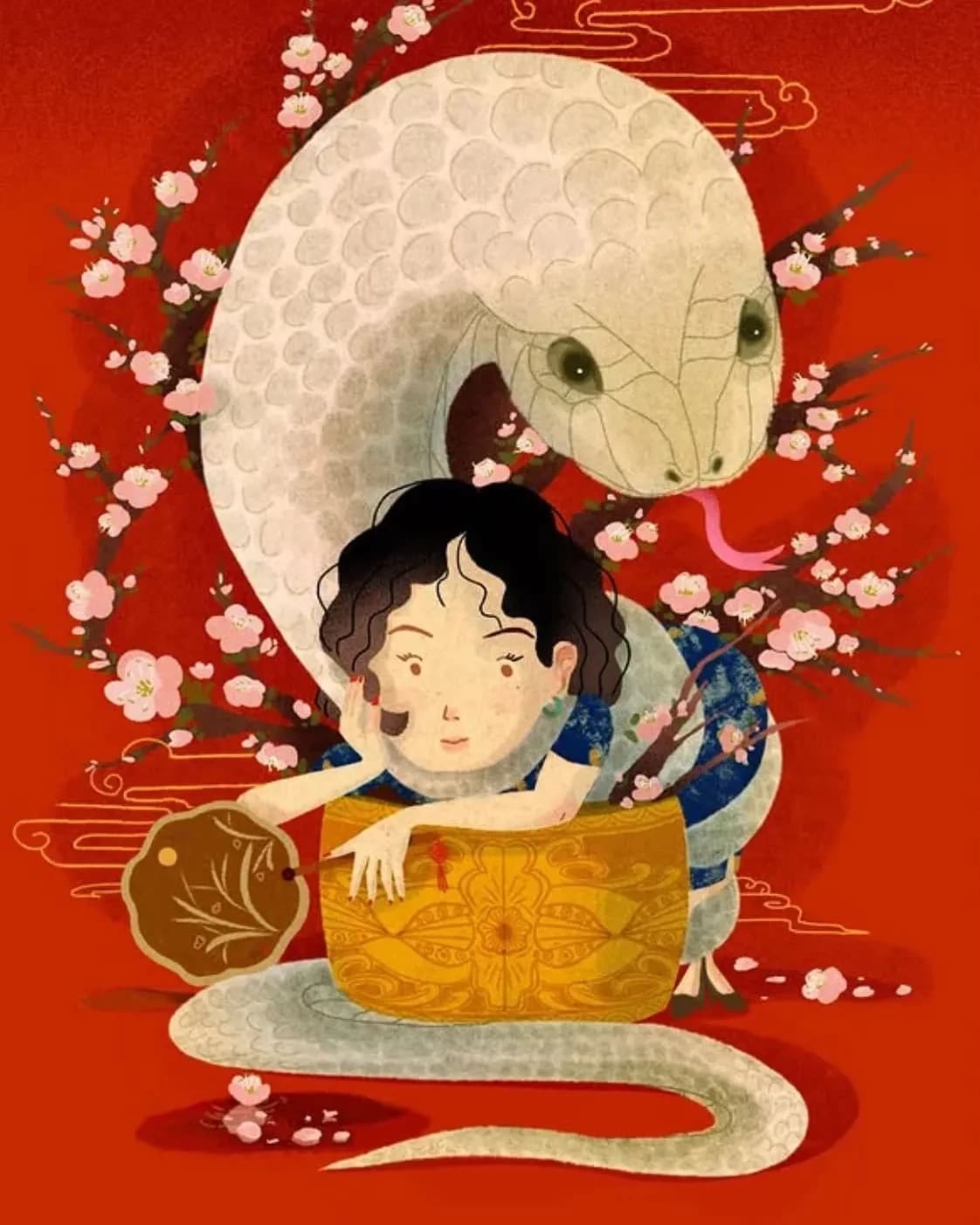 A young girl perches on a snake, cradling a bowl of food, creating an imaginative and playful atmosphere.