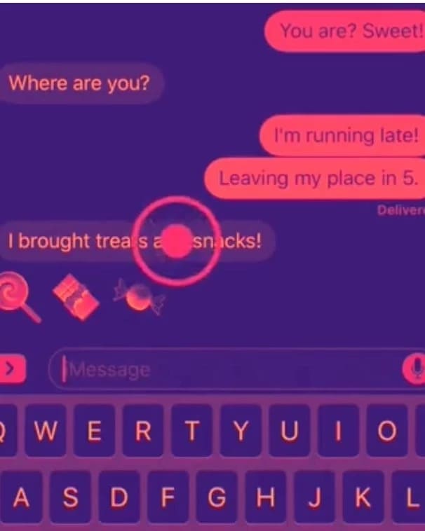 An colorful look at at a text message being sent on an iPhone.