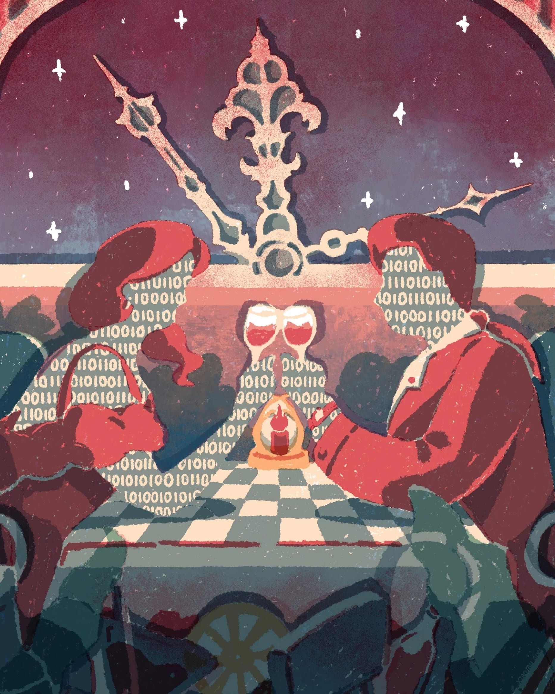 Two people in red fancy clothing on in front of a clock and toasting wine . Their skin is replaced by binary.
