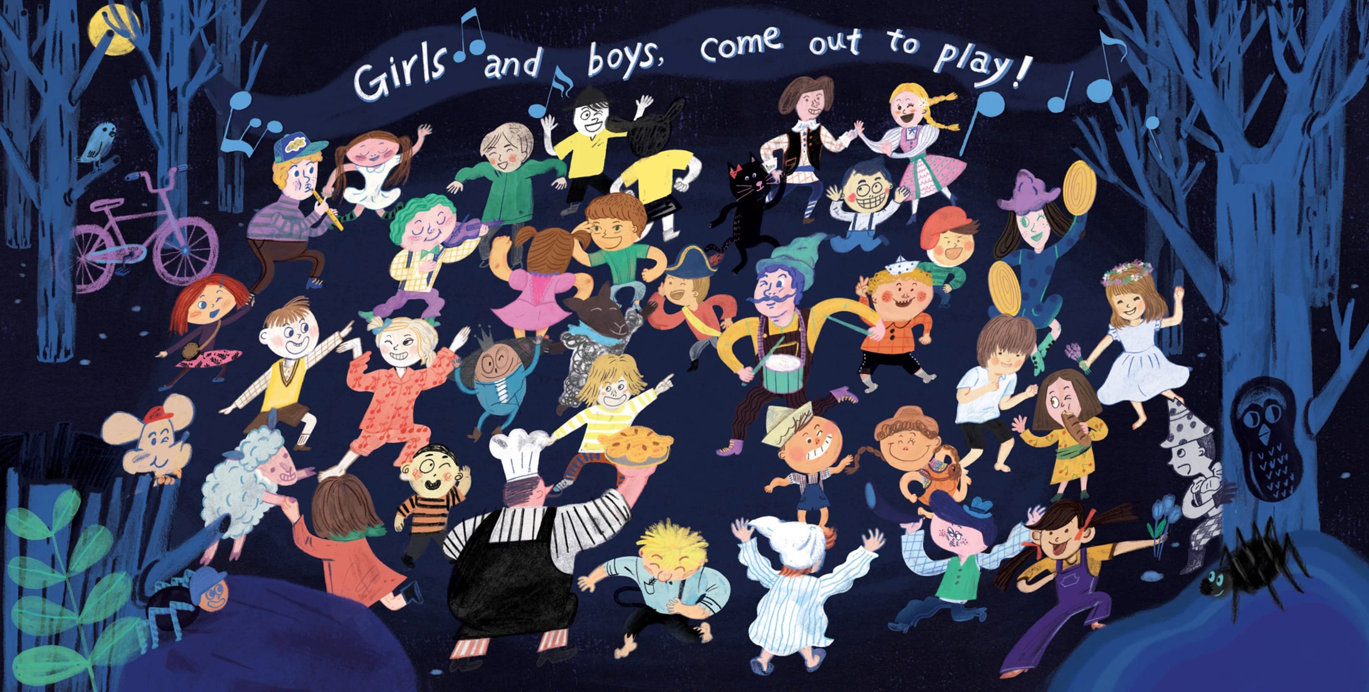 A group of children dancing in a dark forest