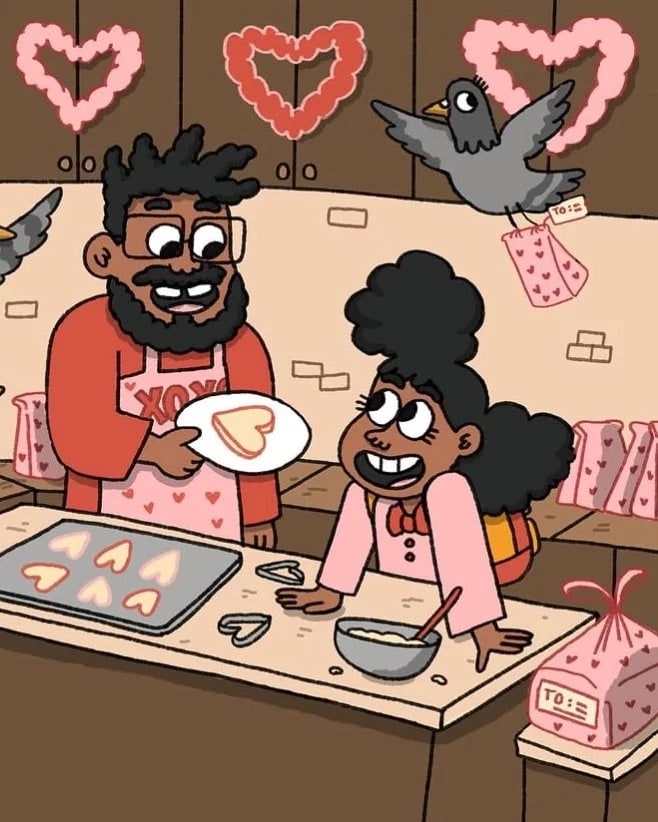 A cartoon illustration of a father and daughter baking heart-shaped cookies in the kitchen of a city apartment. Pigeons are traveling through an open window to pick up and fly off with pink bags with hearts printed on them that are set out on the counter.