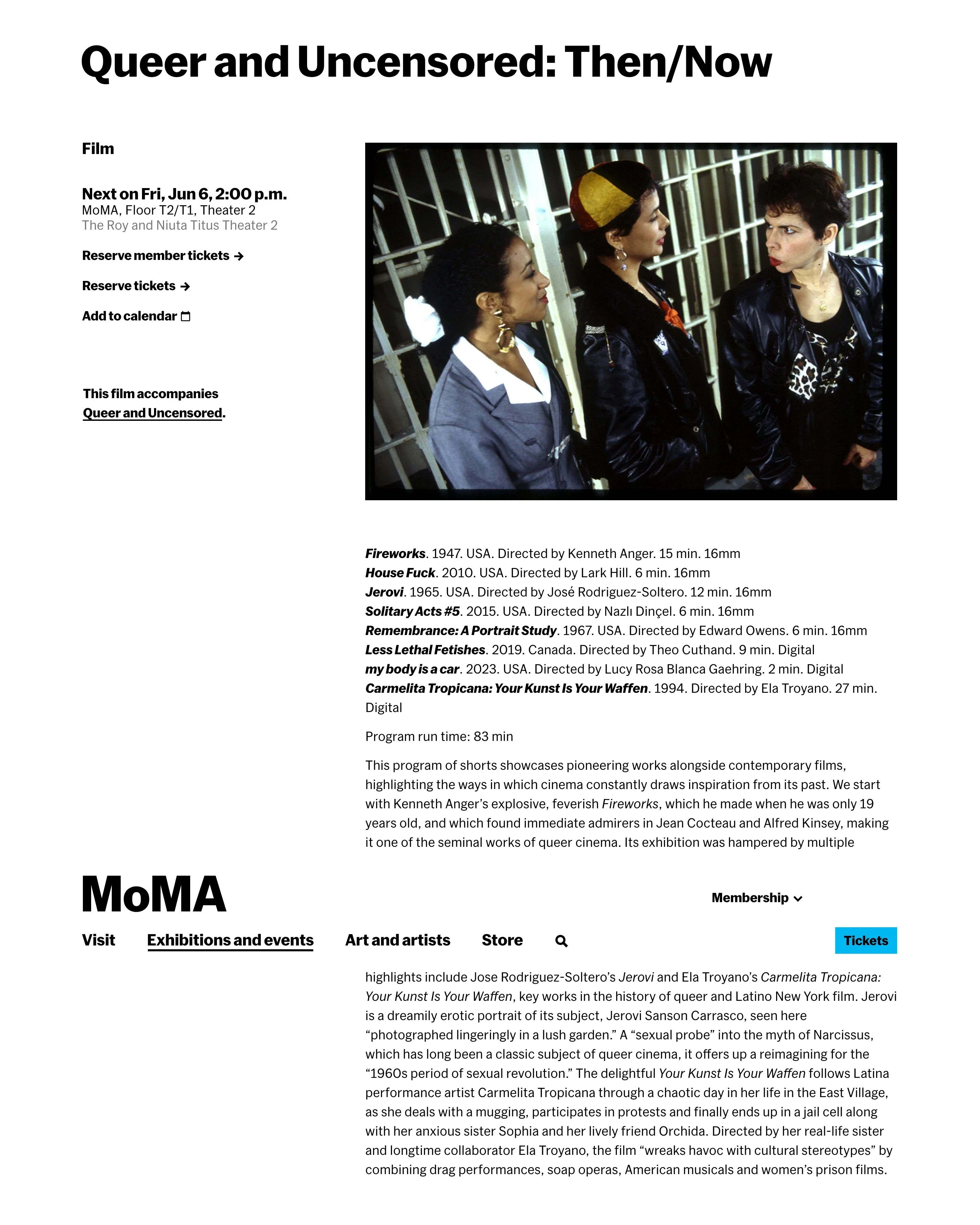 A screenshot from the MoMA website showing the event details for Queer and Uncensored: Then/Now