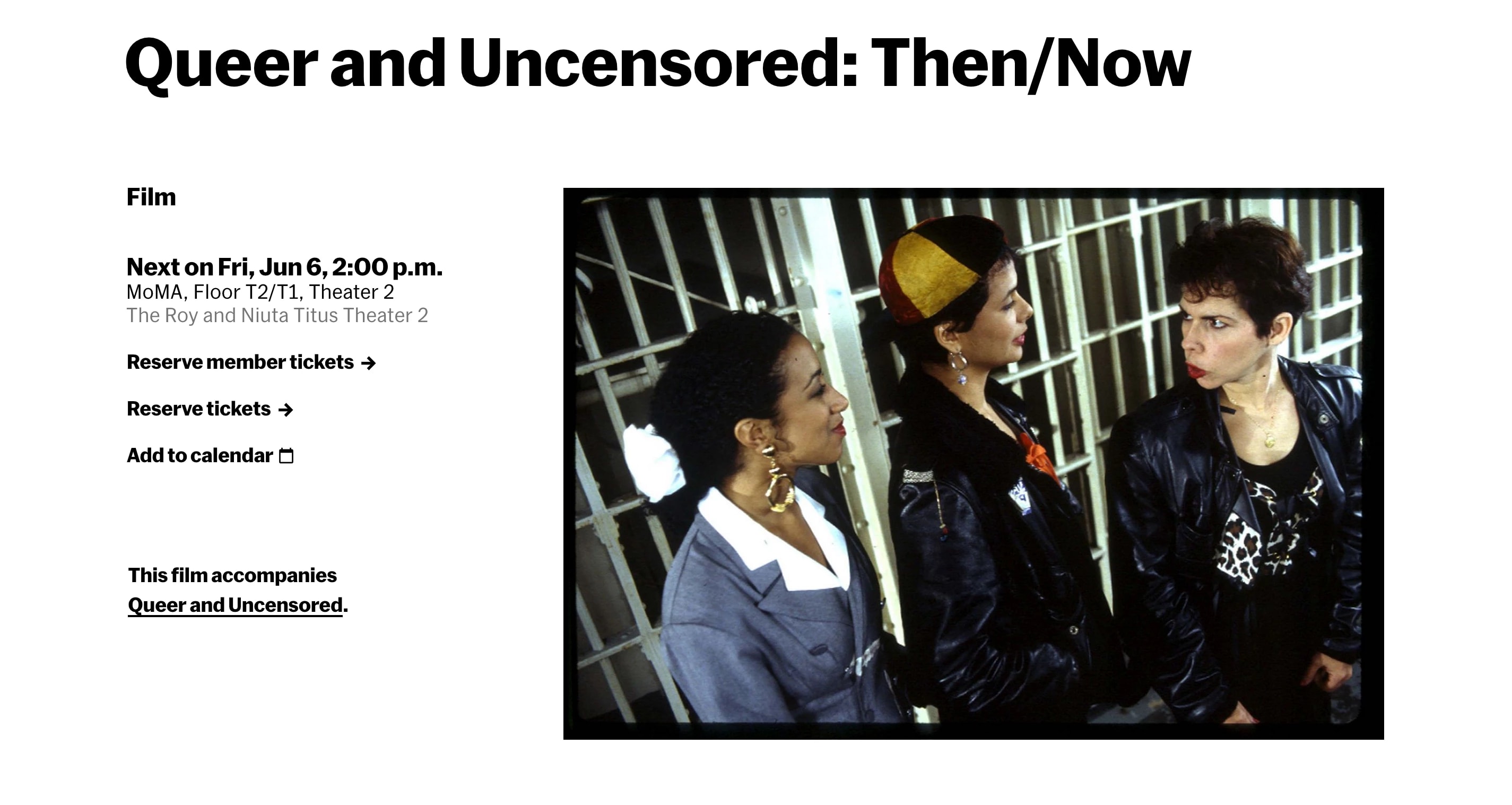 A screenshot from the MoMA website showing the event details for Queer and Uncensored: Then/Now