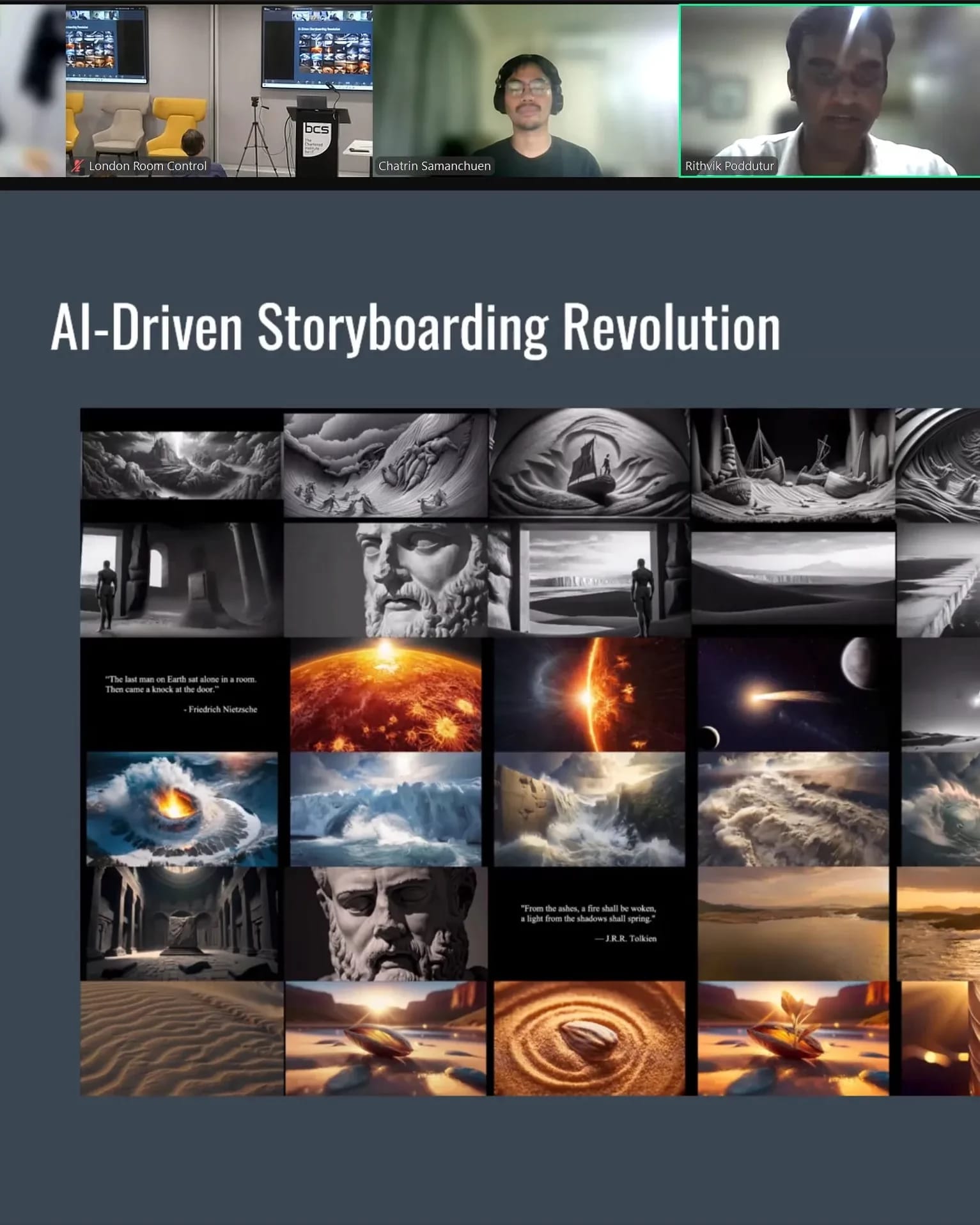 Screen grab of a Zoom presentation showing an AI storyboard