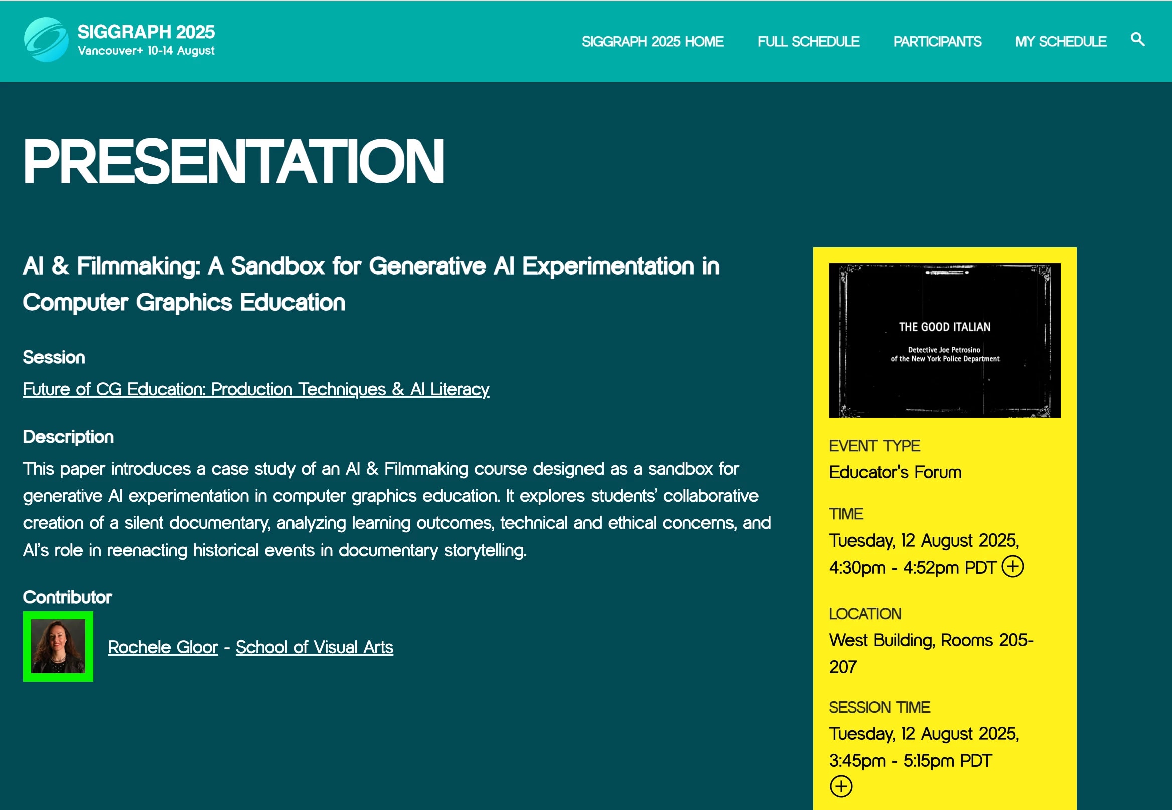 Screenshot of presentation information