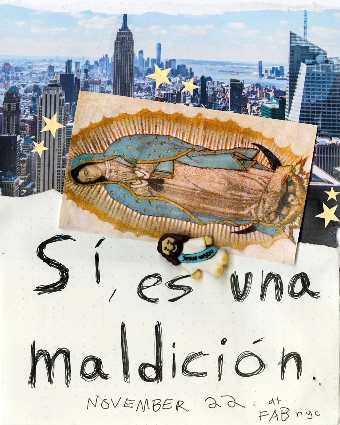 Poster for the play which shows the New York skyline with an inversted postcard of a virgin over it.