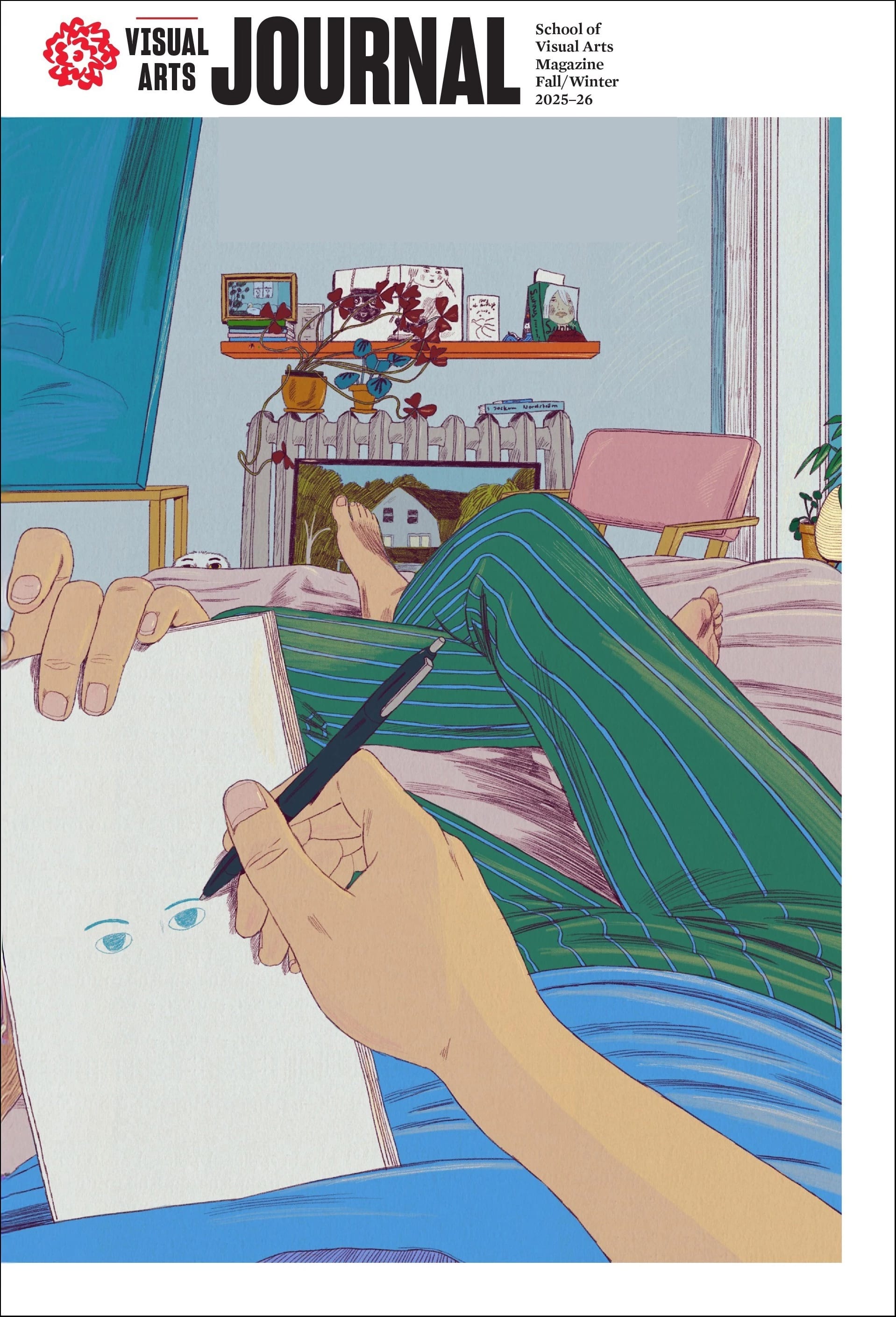 A magazine cover featuring an illustration of a person reclining in a home and drawing in a sketchbook. The illustration is drawn from the person's point of view.