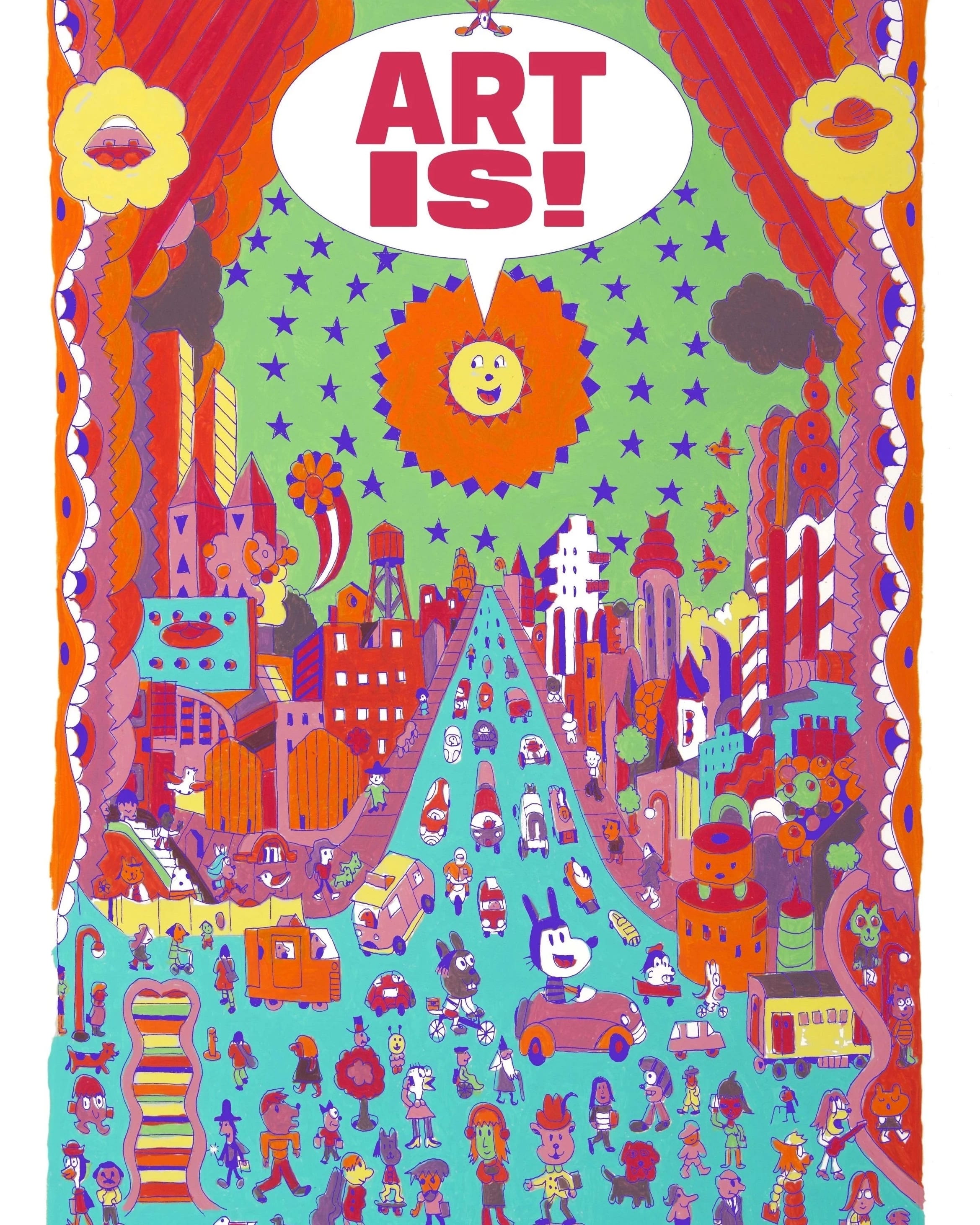 A colorful, kaleidoscopic poster of a bustling metropolis cityscape filled with various cartoon characters.