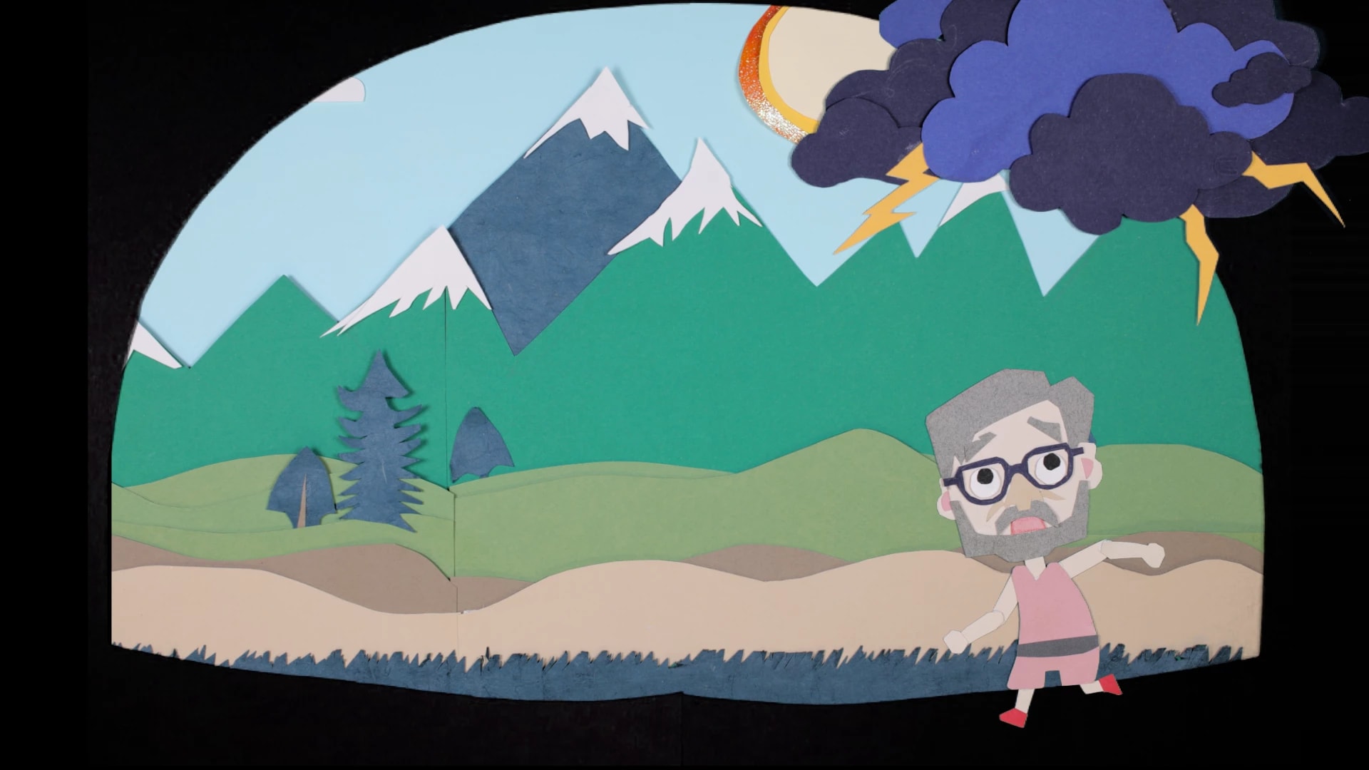 A paper depiction of an old man in front of a landscape while a storm thunders above him.