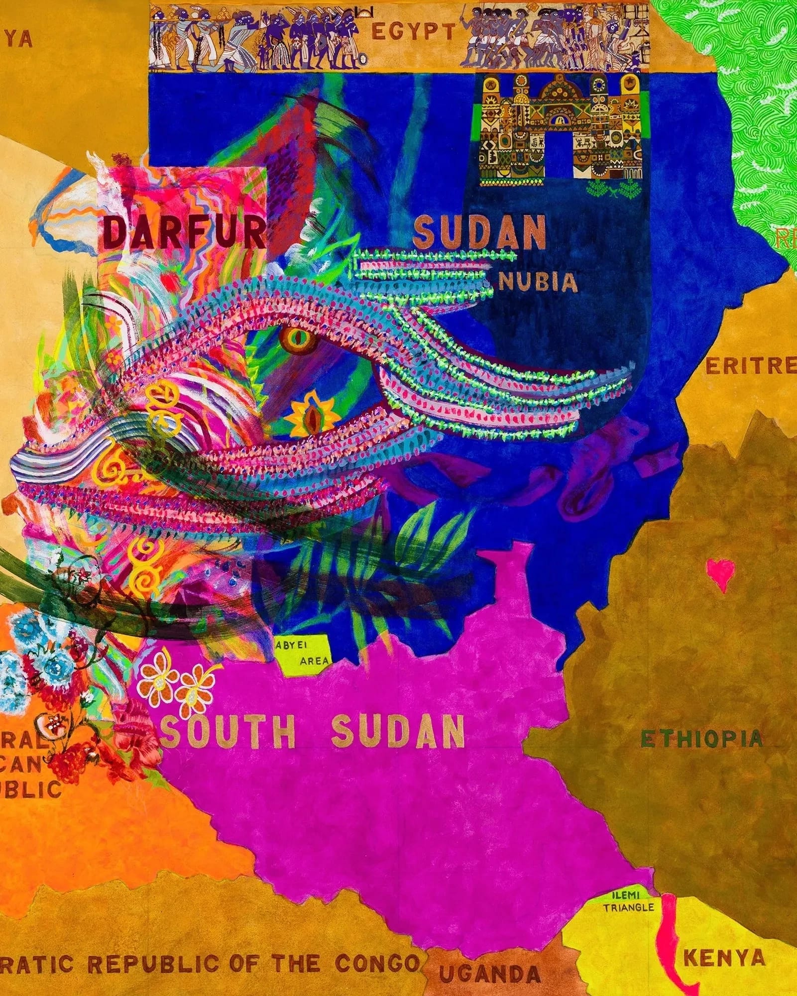 A painting by Joyce Kozloff depicting a map of a selection of countries in Africa.