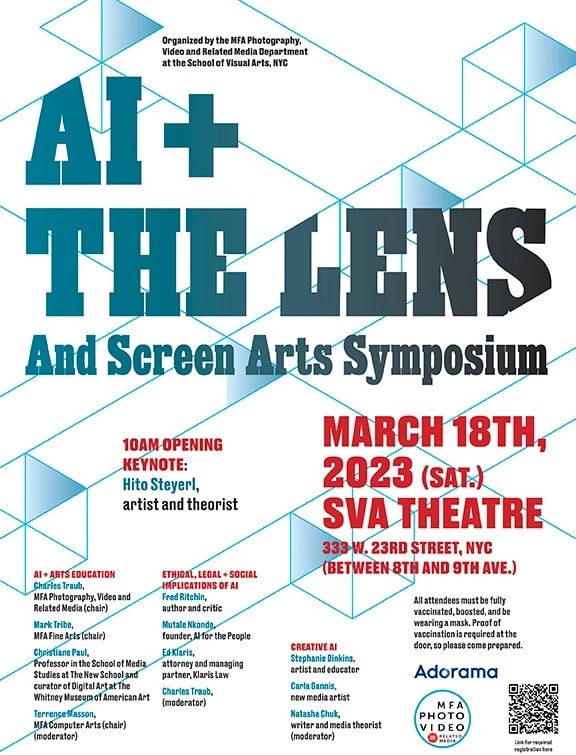White flyer for AI Symposium with large blue lettering and red subtext with details and info in small text. 