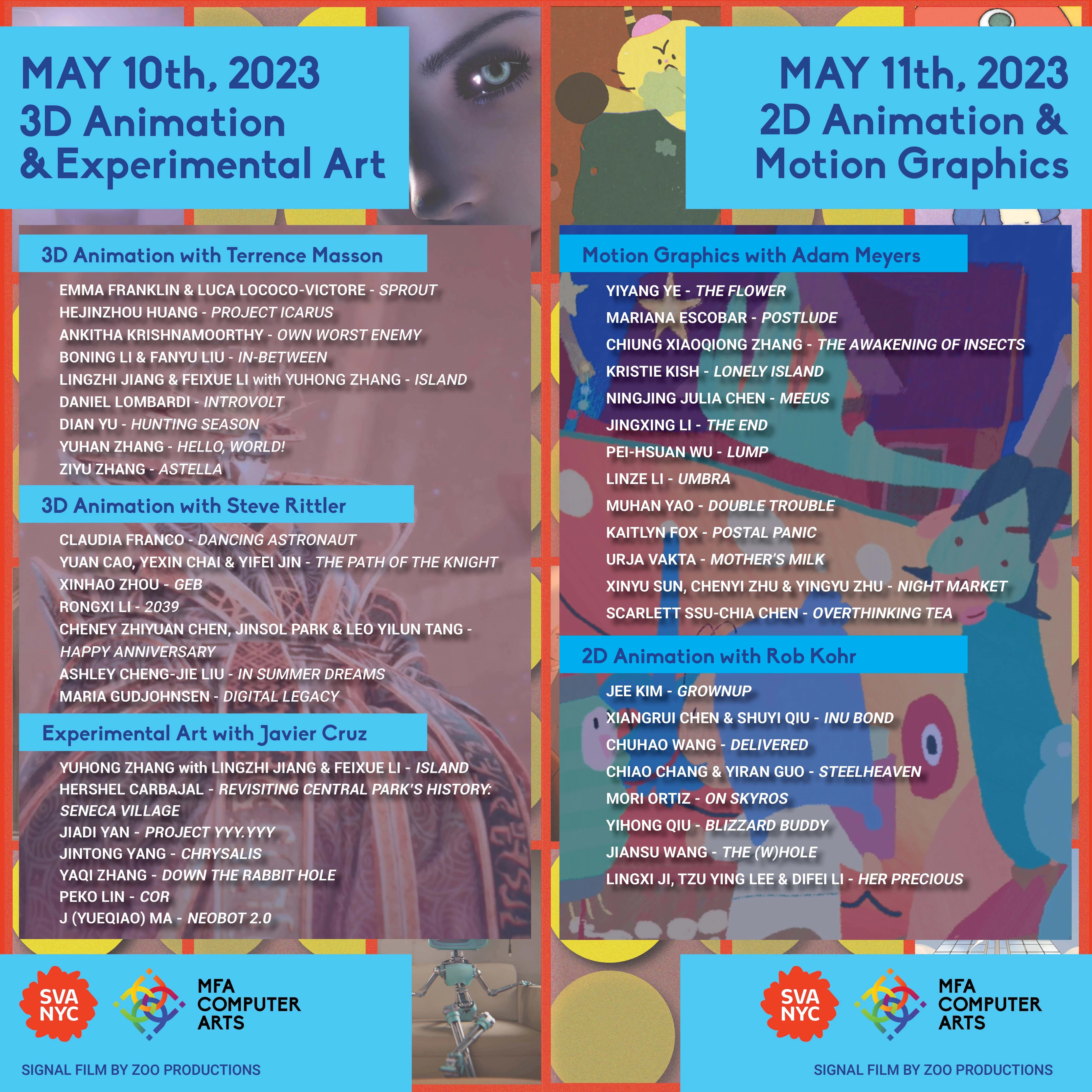 Program listing each date of upcoming screenings and presentation order. The text is white and is placed on top of two images side-by-side. The images are obfuscated by text but a woman's eye appears at the top of the design.