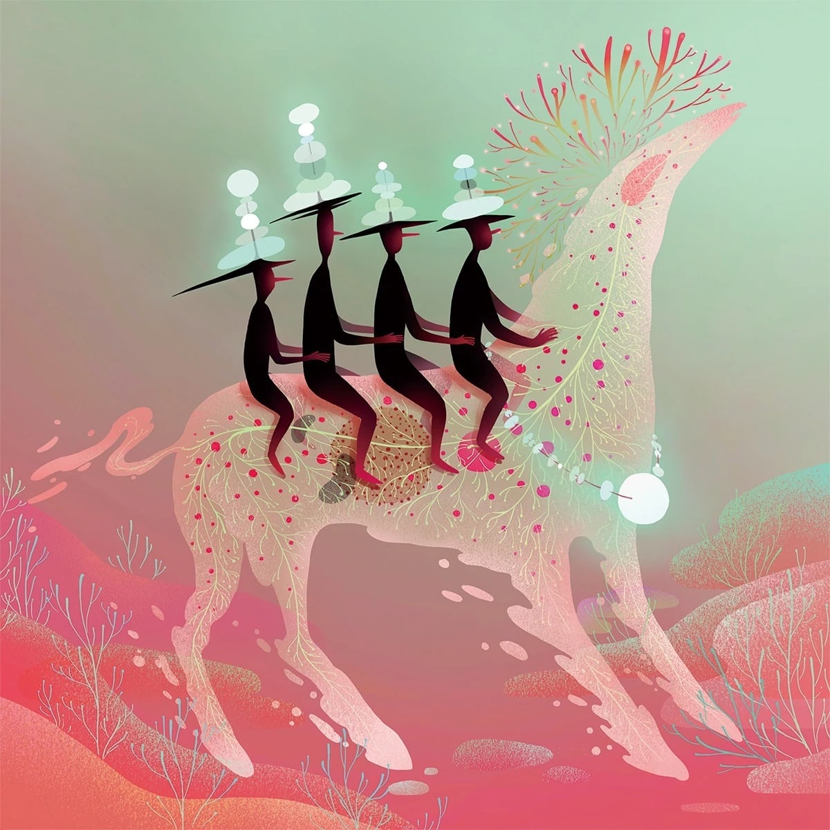 Four humanoid figures with hats of stacked glowing disks ride a creature with a glowing beaded necklace.
