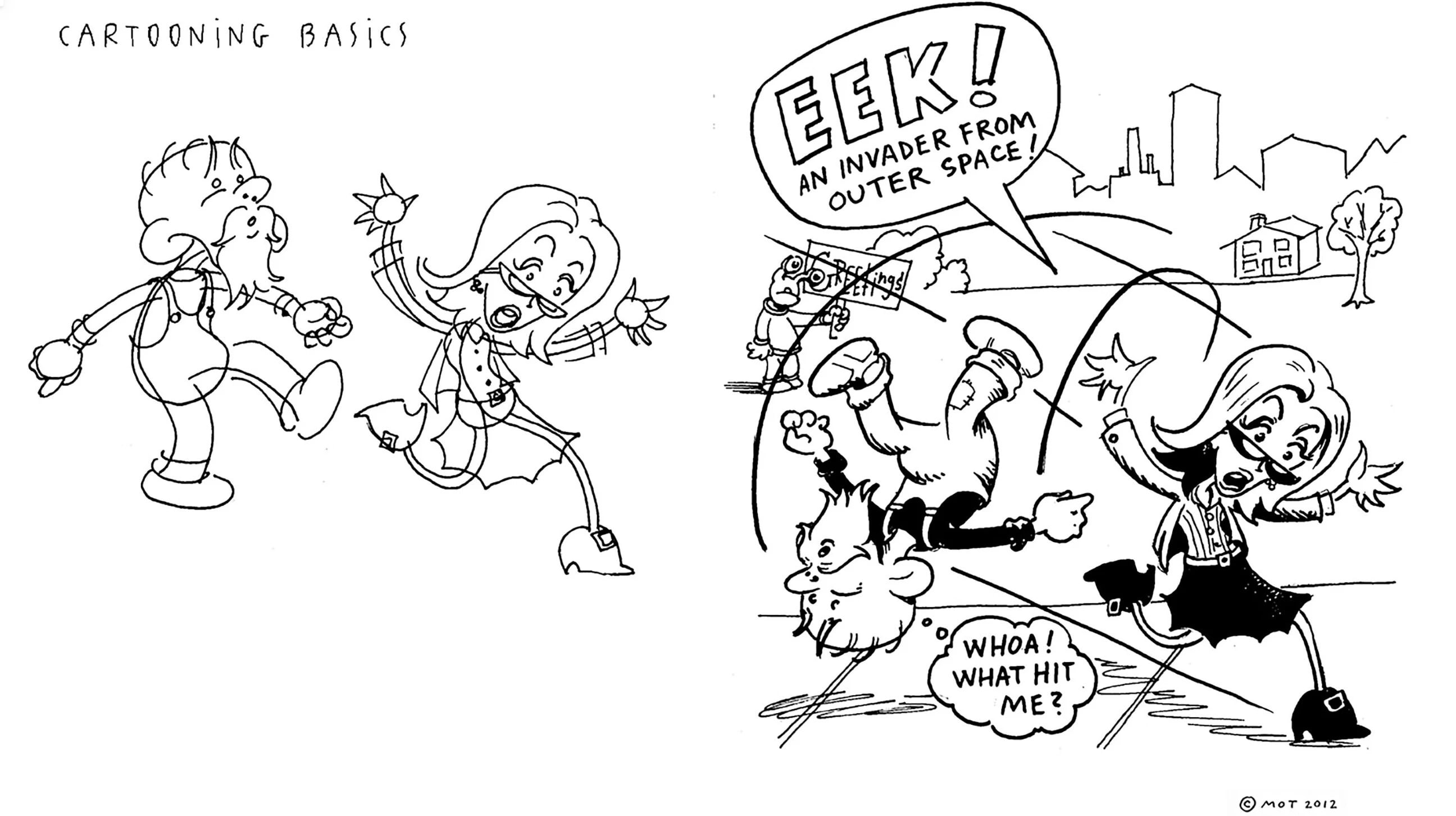 An sketch drawing of a woman tripping a man as she runs from an alien holding a sign that says "Greetings"