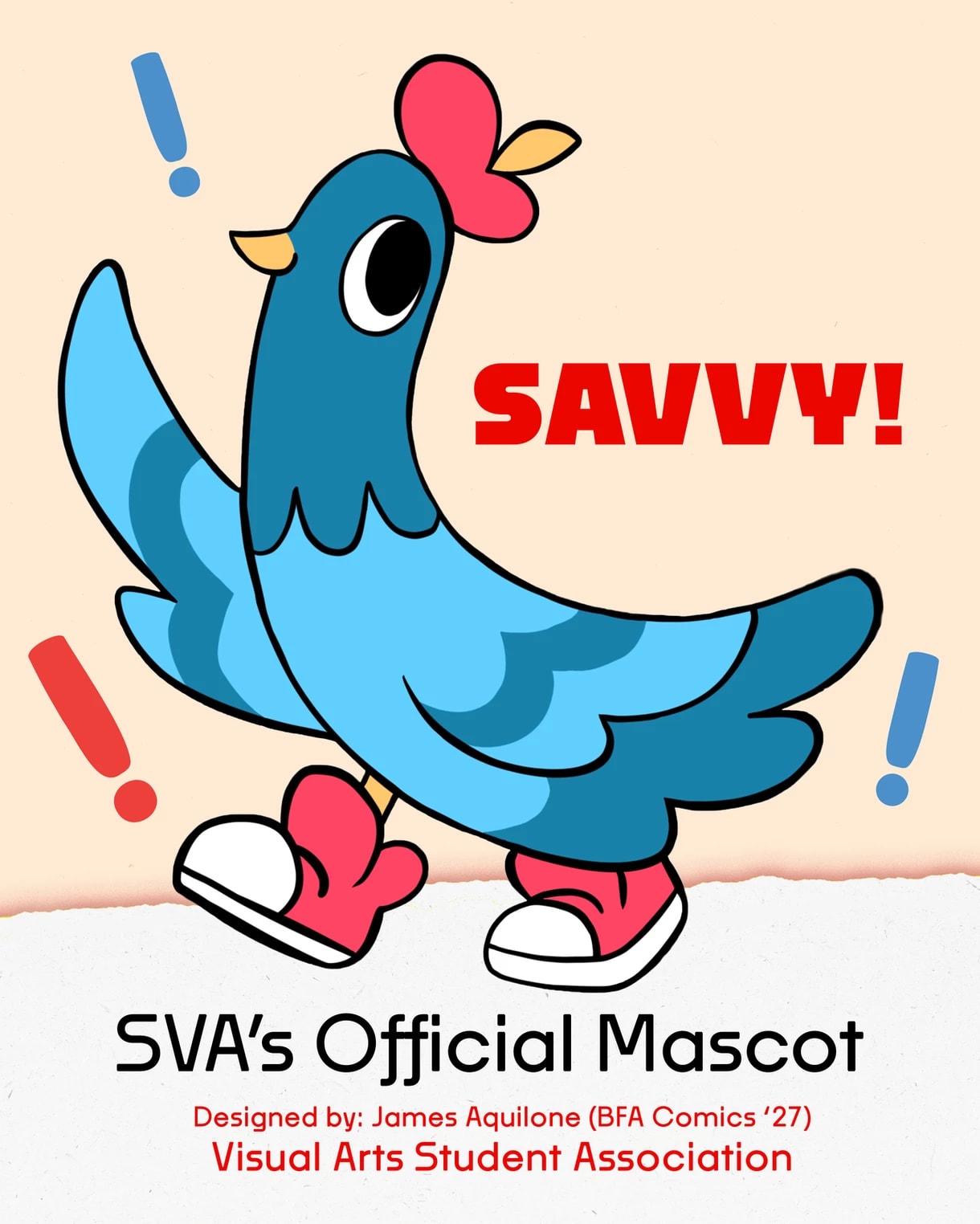 A drawing of a blue pigeon with red sneakers and a beret resembling an apple.