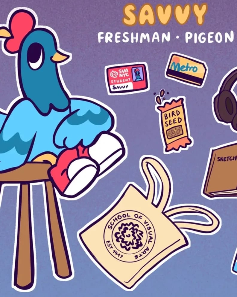 A graphic of a Savvy the SVA mascot sitting on a stool next to their SVA ID, metrocard, bird seed bar, headphones, sketchbook, writing utensils, phone, and tote bag.