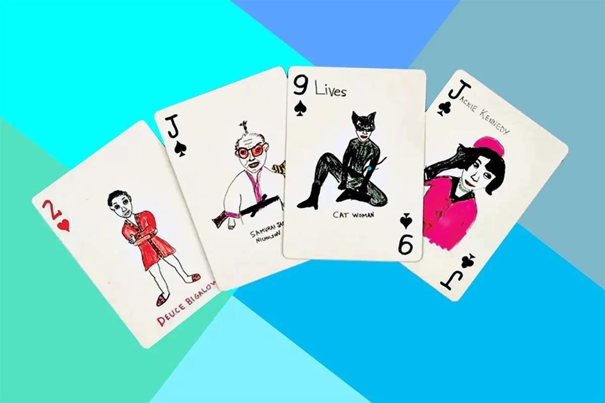 a deck of illustrated cards on a blue, grey, gray and aqua background.