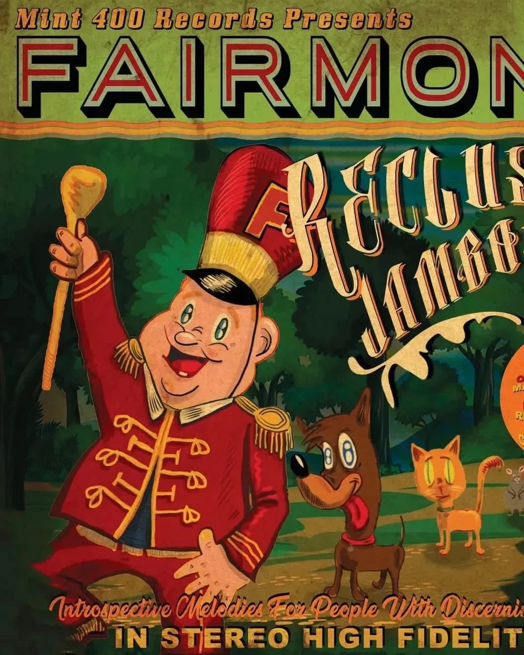 A illustrated album cover for the band Fairmont with animated marching band member dressed in red, holding a golden baton followed by a dog and a cat titled, 'Recluse Jamboree.'