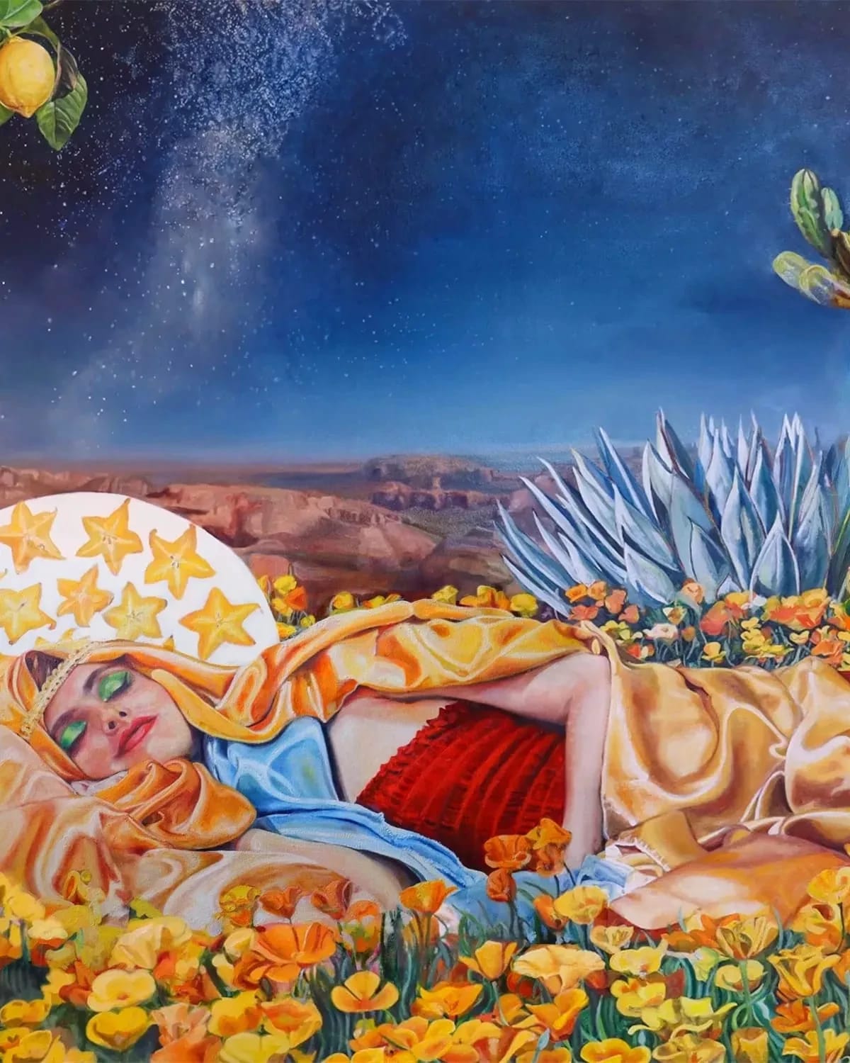A woman with a yellow silk headdress, a red dress, green eyeshadow, and tattoos of trees lies in a field of flowers with cacti and a desert behind her. The night sky is starry and behind her is a circle adorned with what looks like cross sections of starfruits.