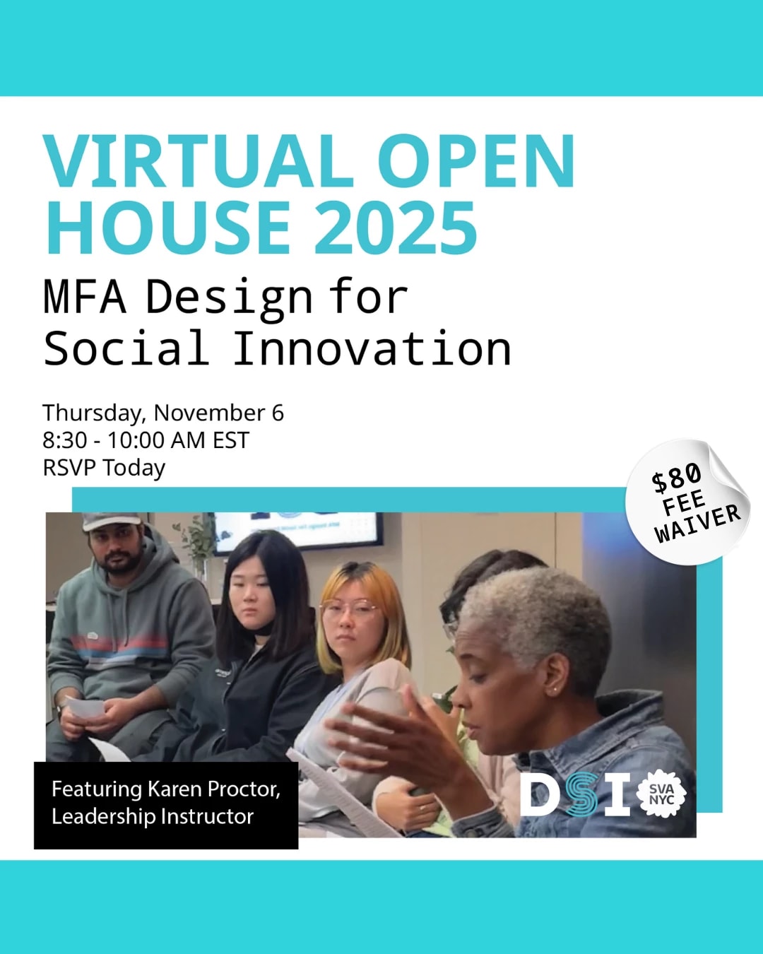 Teal background with image of person speaking and students listening.