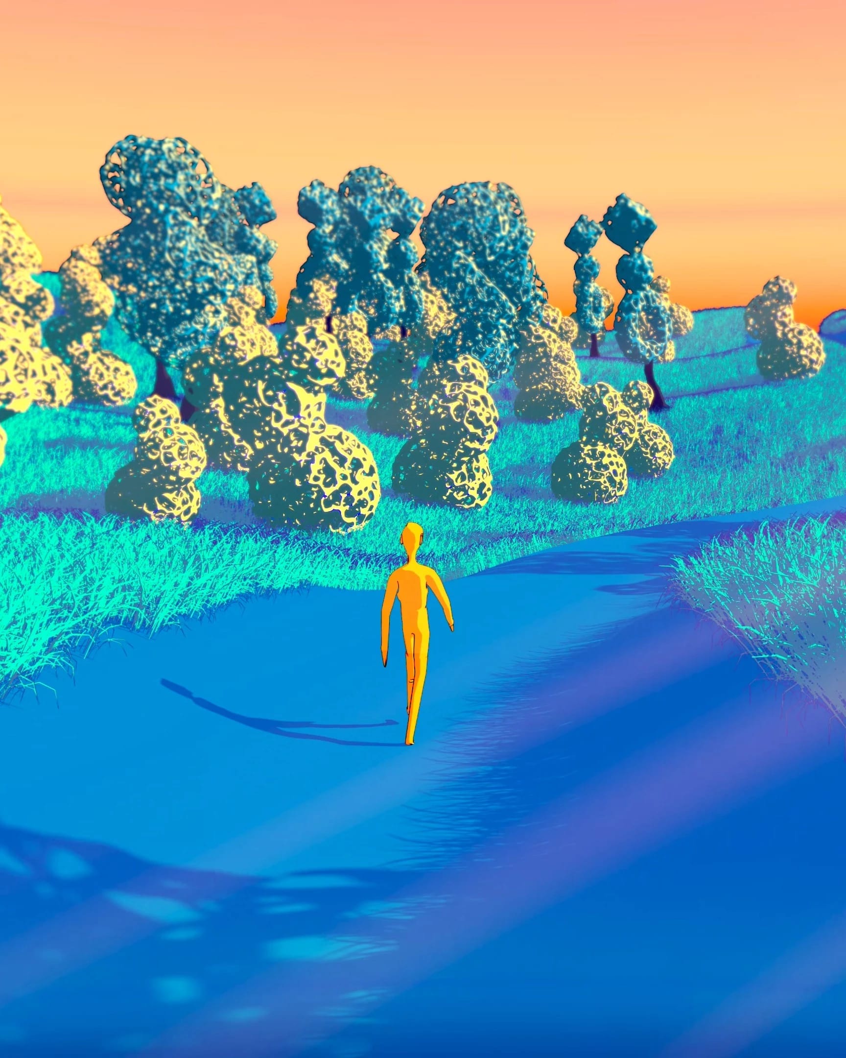 3D animated orange character walking on a blue path surrounded by trees with orange skies.