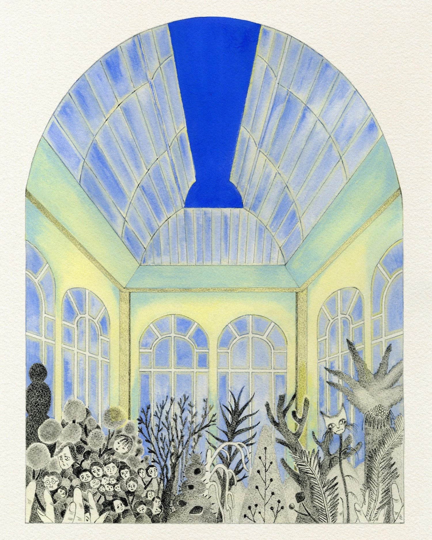 Plants and the family tree in the cabinet grow in the greenhouse during the evening.