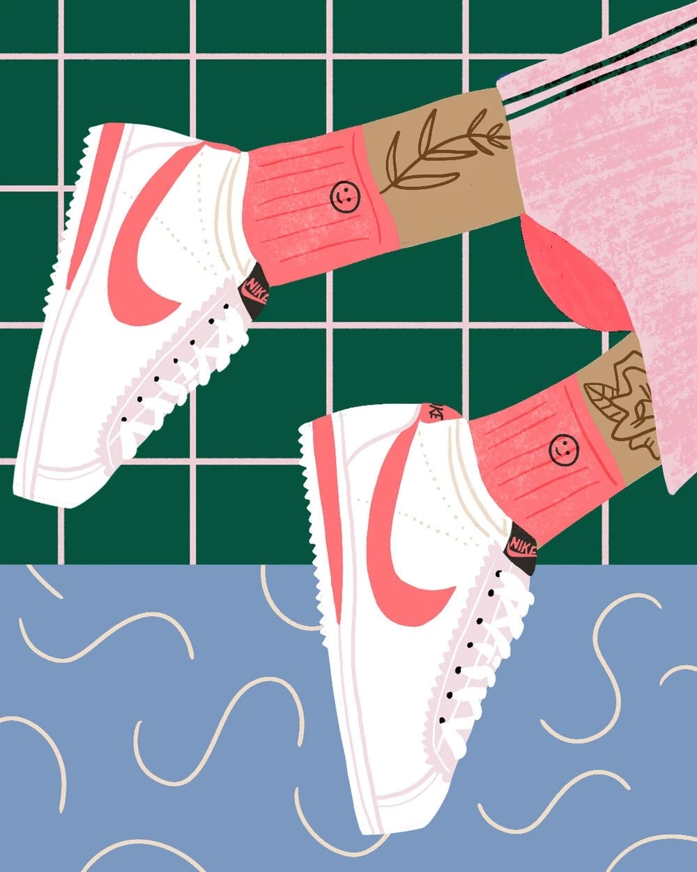 An illustration of a person wearing Nike shoes, in collaboration with The Ones and Zappos, Illustration featuring nine of their shoes by SVA alumnus Jenny Chang-Rodriguez.