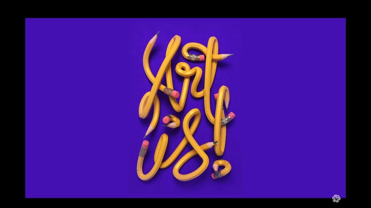 Mock-up of Pablo Delcan's 2018 SVA subway poster, which reads "Art Is!" using sinuously bent yellow pencils to spell it out.